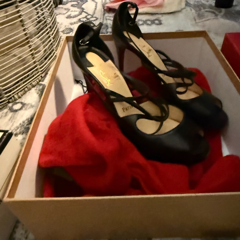 Christian Louboutin Black Strappy Round-Toe Heels with Ankle Strap